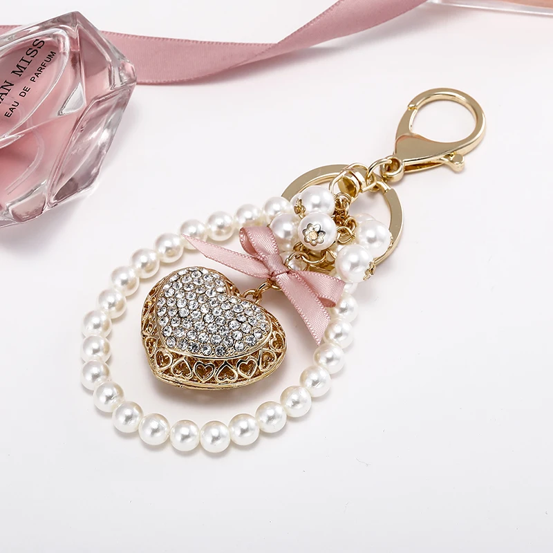Vintage Crystal Heart Pearl Beads Key Chains Delicate Rhinestone Heart Shaped Keychain For Women