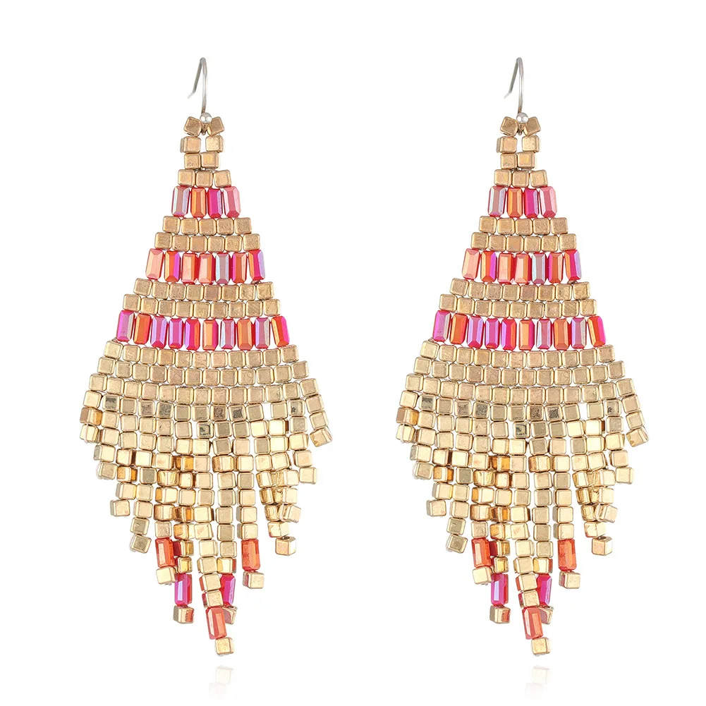 Boho style rice beads tassel seed bead jewelry bohemian long fringe beaded drop earrings for women