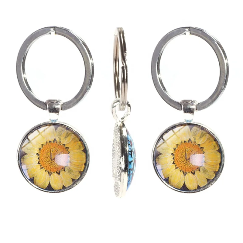 Colored Preserved Flower Metal Backing Single Side Crystal Glass Keychain