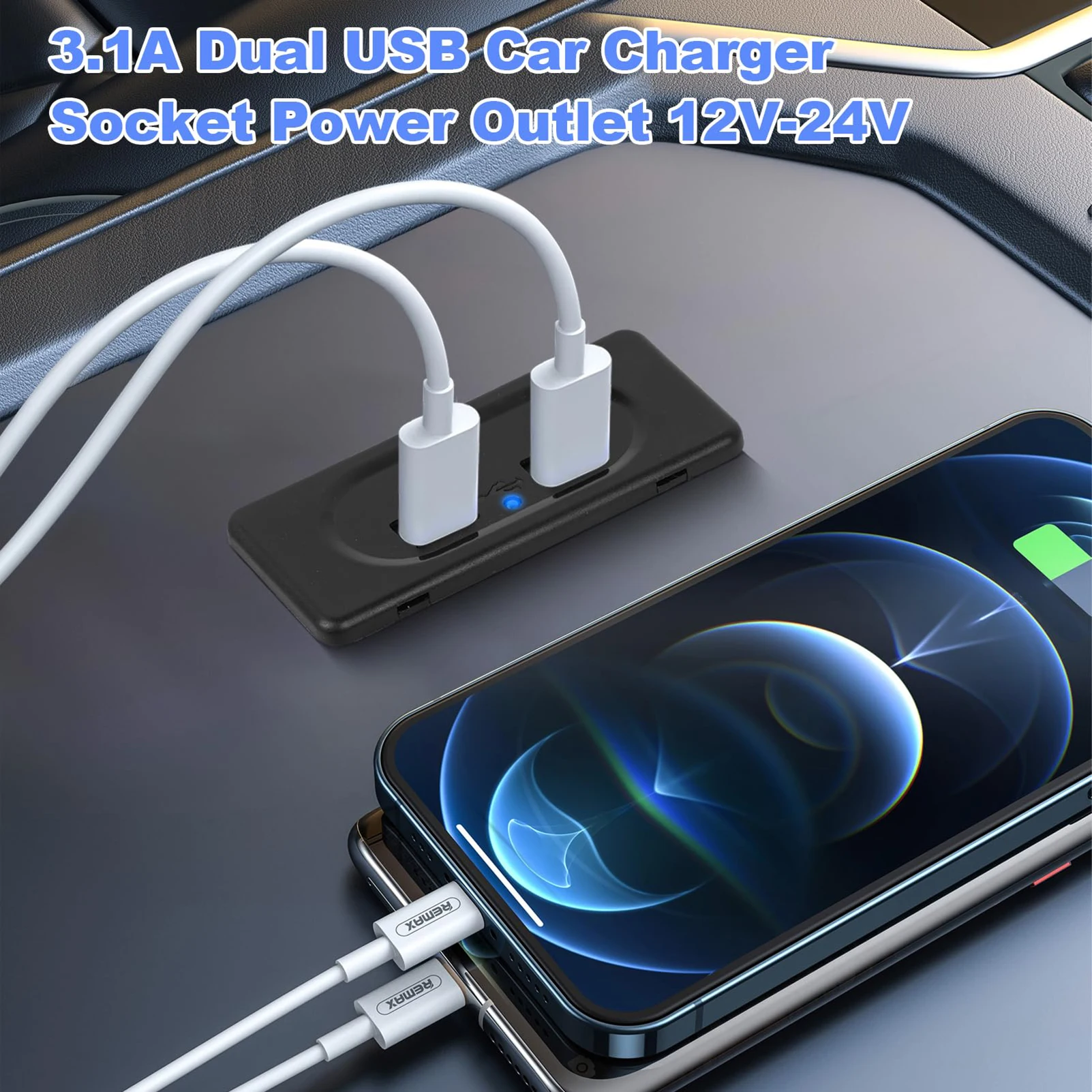 Dual USB Charger Socket 3.1A 12V/24V USB Ports Waterproof Power Car Charger Socket Outlet Fast Charge