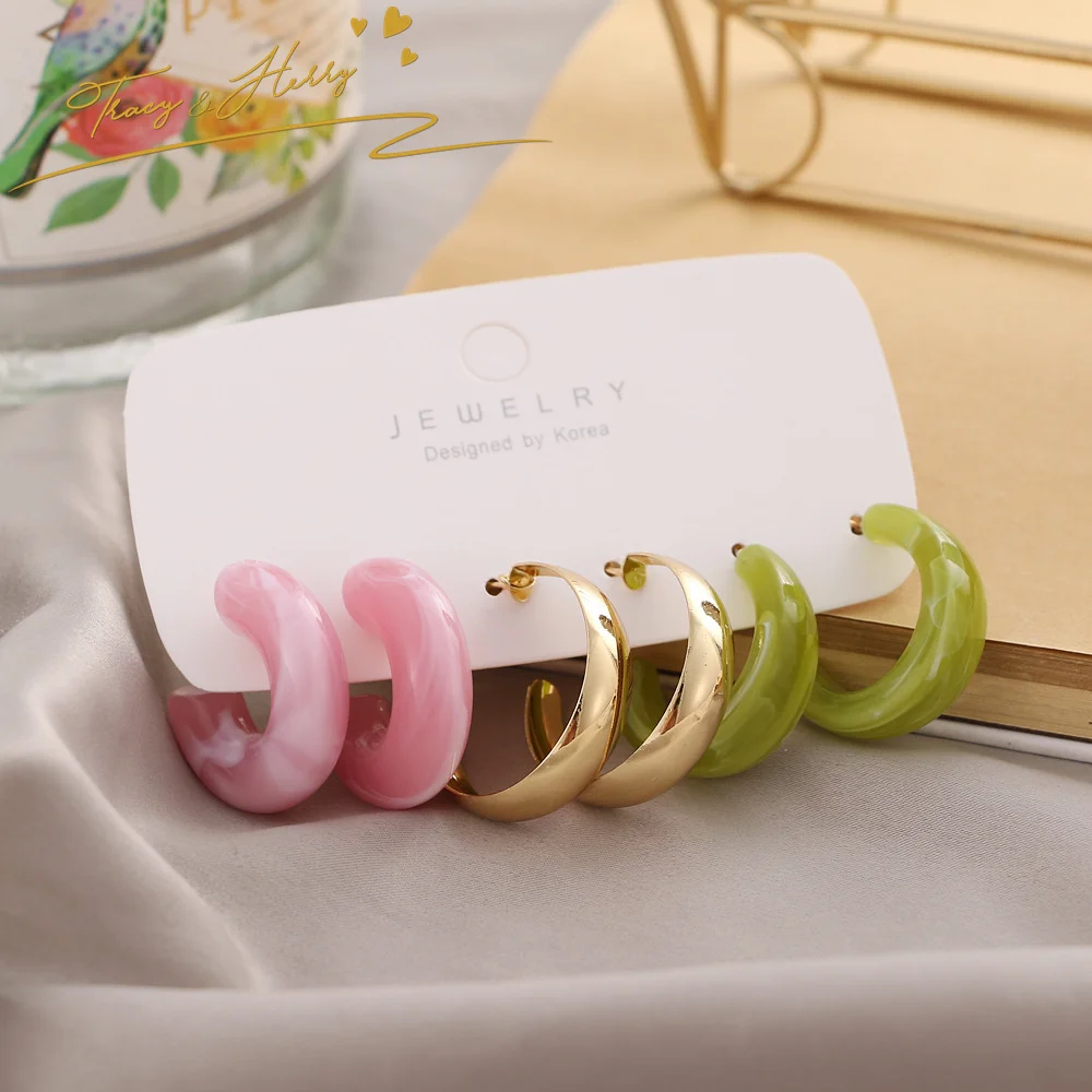 Tracy & Herry Exquisite 925 Sterling Silver Jewelry Bridal Hoop Earrings Dangle Geometric Resin Acrylic Metal Alloy Earring Set