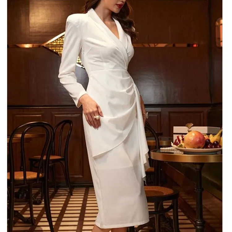 Hot fashion shawl collar side hanging wrap body split irregular professional dress for women