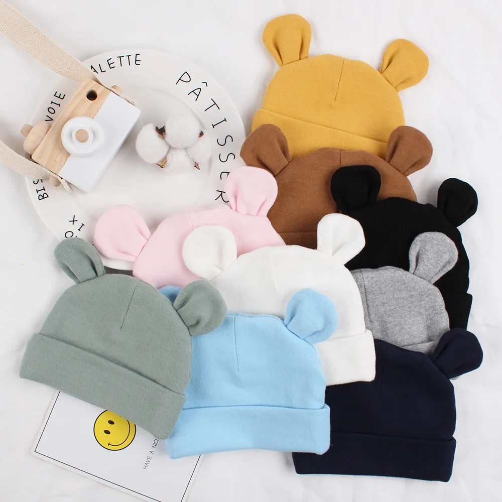 Bear Ears Baby Cotton  Hats Double Layer Newborn Baby Beanie Unisex Winter New born Boys Hospital Hat