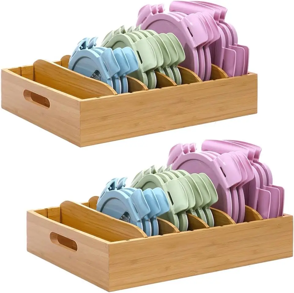 2 Pack Bamboo Lid Holder Single Tier Standing Type Kitchen Organizer Food Container with 5 Adjustable Dividers Pot Lid Storage