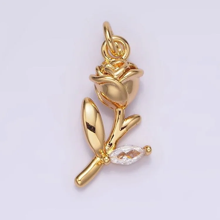 CZ8859 Mini Little 18k gold plated cubic zirconia micro cz pave Guitarist guitar Rose Flower with marquise cz leaf charm Pendant