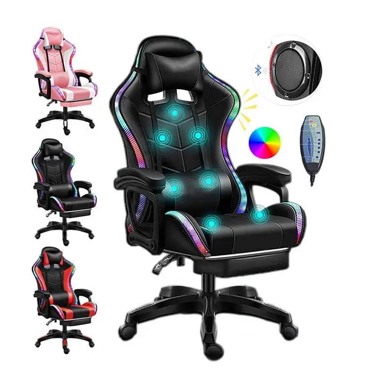 WS001 Comfortable silla gamer pu leather game chair led rgb massage gaming chair with speakers footrest choiceable racing chair