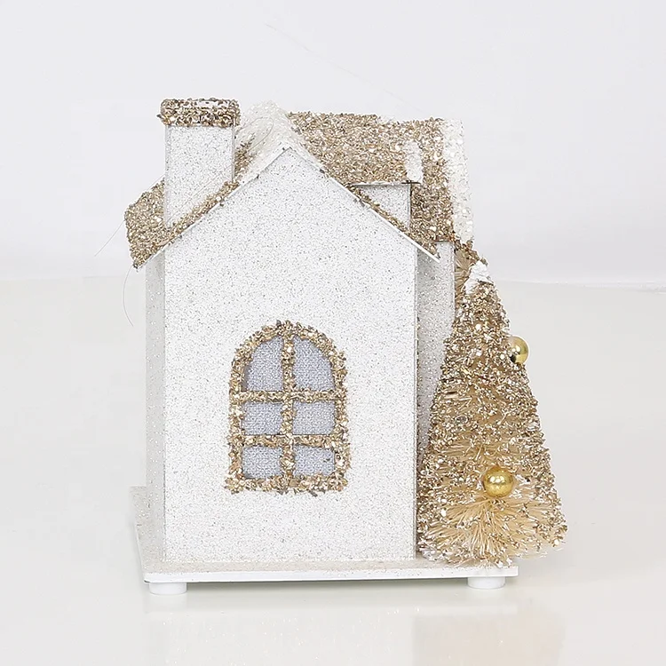 SOTE F16 Mini Custom Christmas Village Houses With LED Light Small Gold Cardboard Lighted Christmas House Tree Decoration