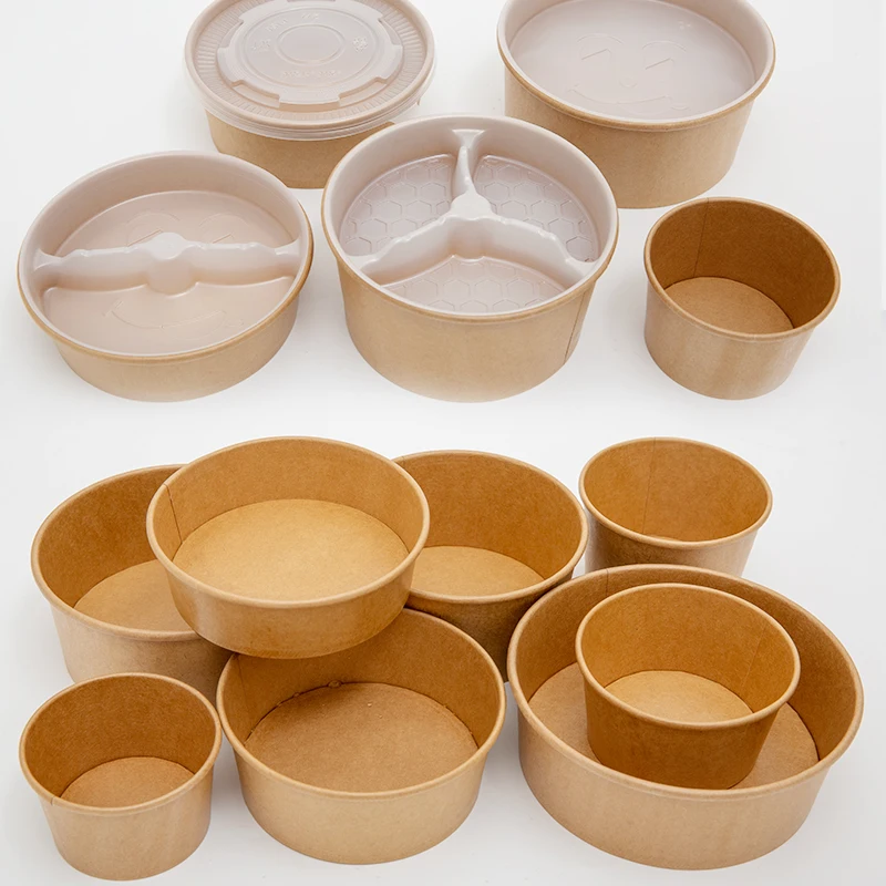 custom kraft paper soup cup bowl with lid disposable take away dessert rice salad noodle packing box container on sale