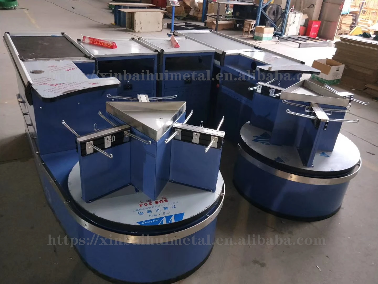 Xinbaihui Motorized Supermarket Checkout Counter With Conveyor Belt Rotating Bag Holder Grocery