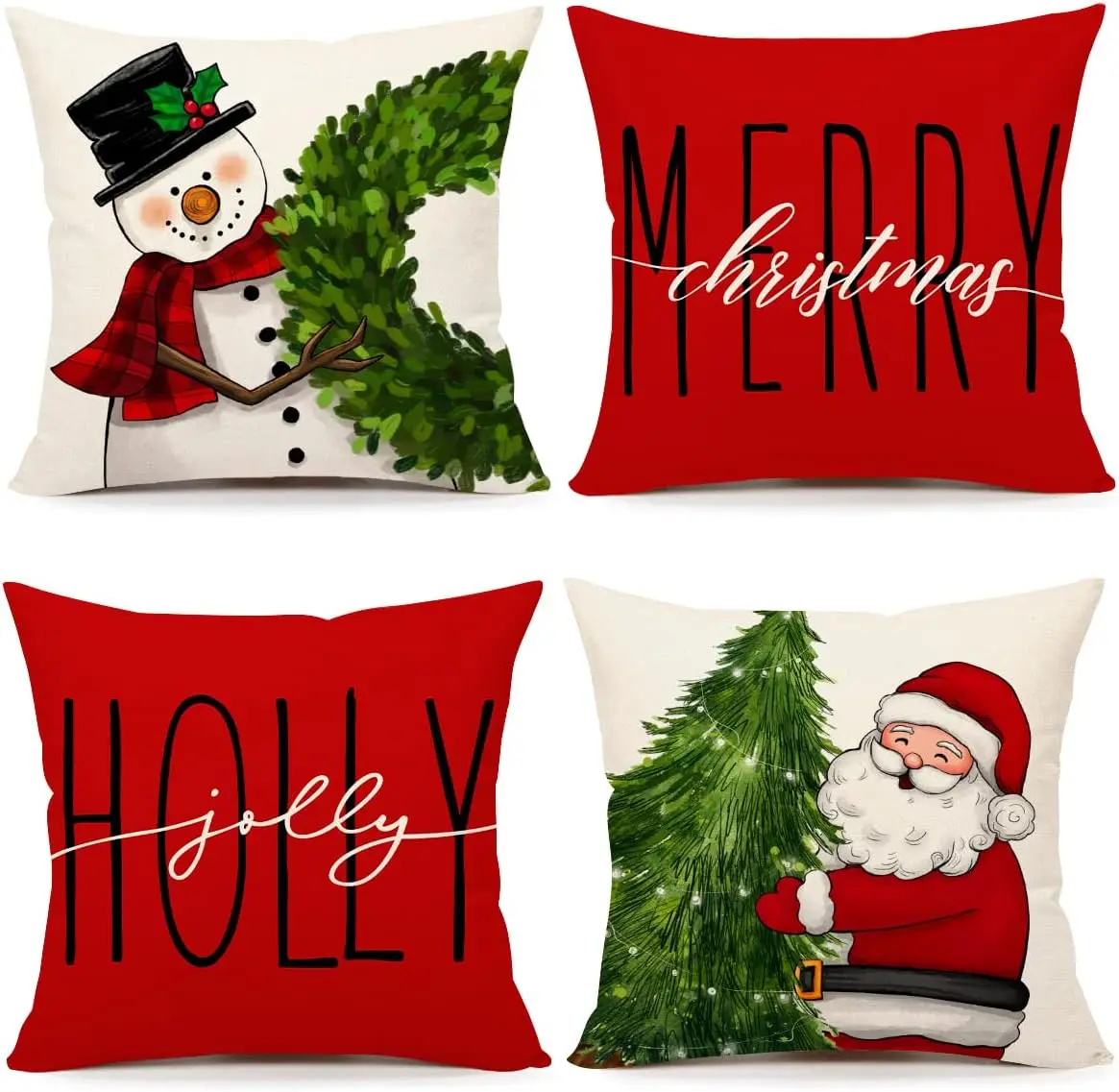 4pcs Set Snowman Santa Claus Tree Merry Christmas Holly Jolly Winter Holiday Decor Throw Cushion Case for Home Couch Cover