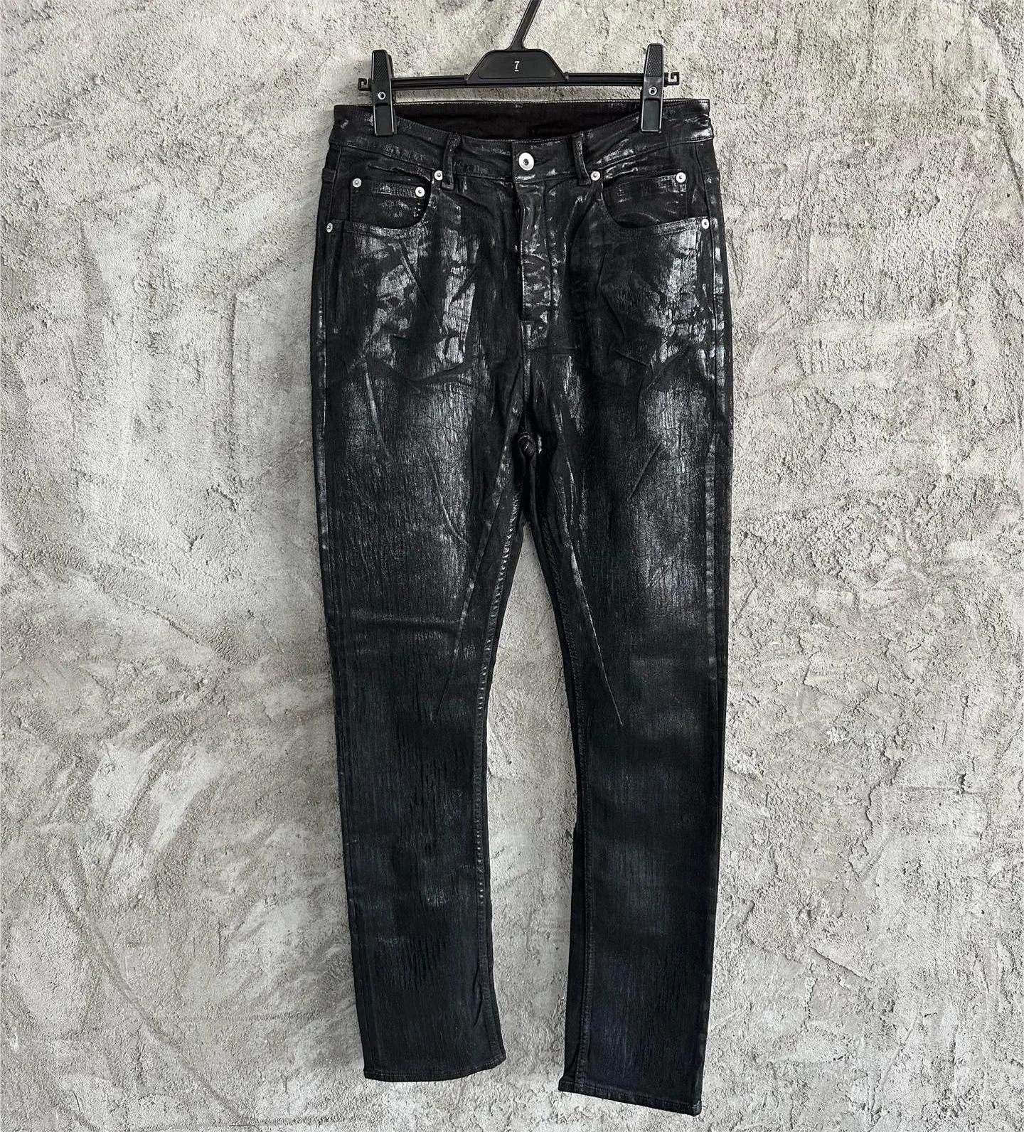 Custom flare jeans men washed waxed jeans cargo pants with printed vintage wax jean waterproof coated denim