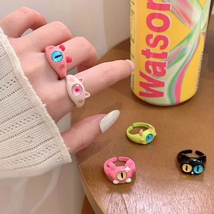 NEW Fashion evil eye ring cute cartoon little monster alloy ring funny design cool girls open adjustable ring wholesale
