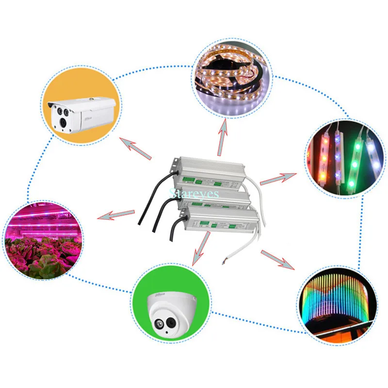 100 Pcs IP67 Waterproof Transformer Power Supply Adapter DC12V 24V 10W 15W 20W 25W 30W 36W 45W 50W 60W 80W 100W 120W 150W 200W