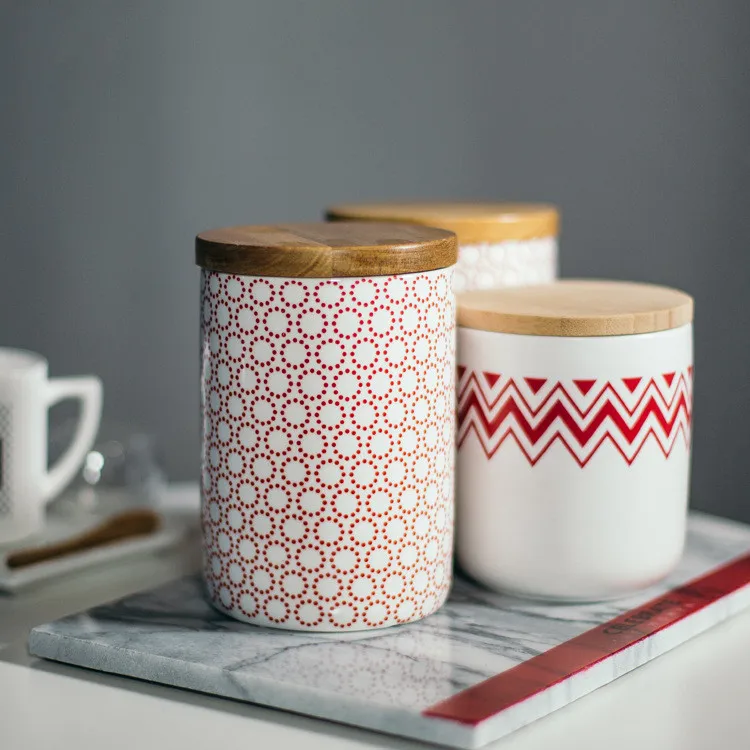 Farmhouse Kitchen Storage Creative Decal Cookie Tea Coffee Jars Ceramic Canister Set with Bamboo Lid