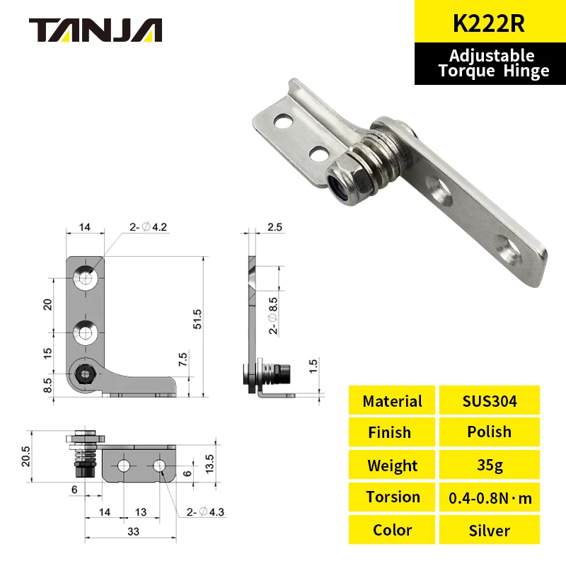 Adjustable Torque Hinge Stainless Steel Polished Hinge for LCD Monitors and Surveillance Cameras