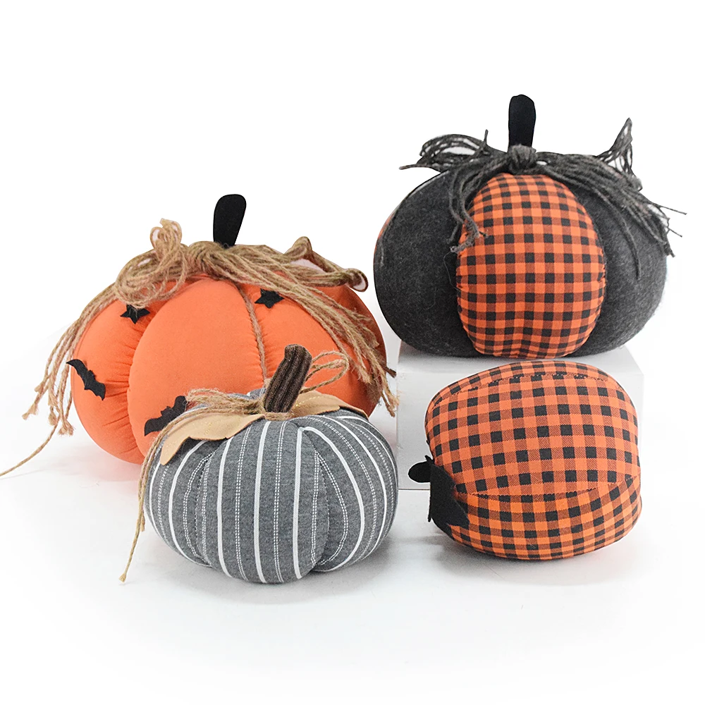 Handmade Pumpkin Figurine Artificial Plush Seasonal Thanksgiving Orange Fabric Halloween Pumpkin with Bat Ornament