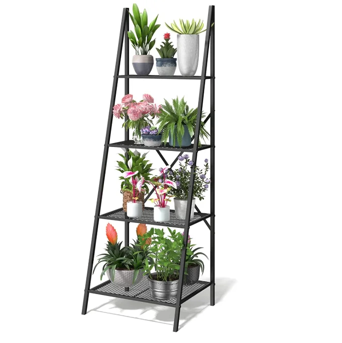 4 Tier Metal Planter Shelves Flower Pot Ladder Shelf Multiple Large Display Holder Iron Storage Plant Shelf for Corner Balcony