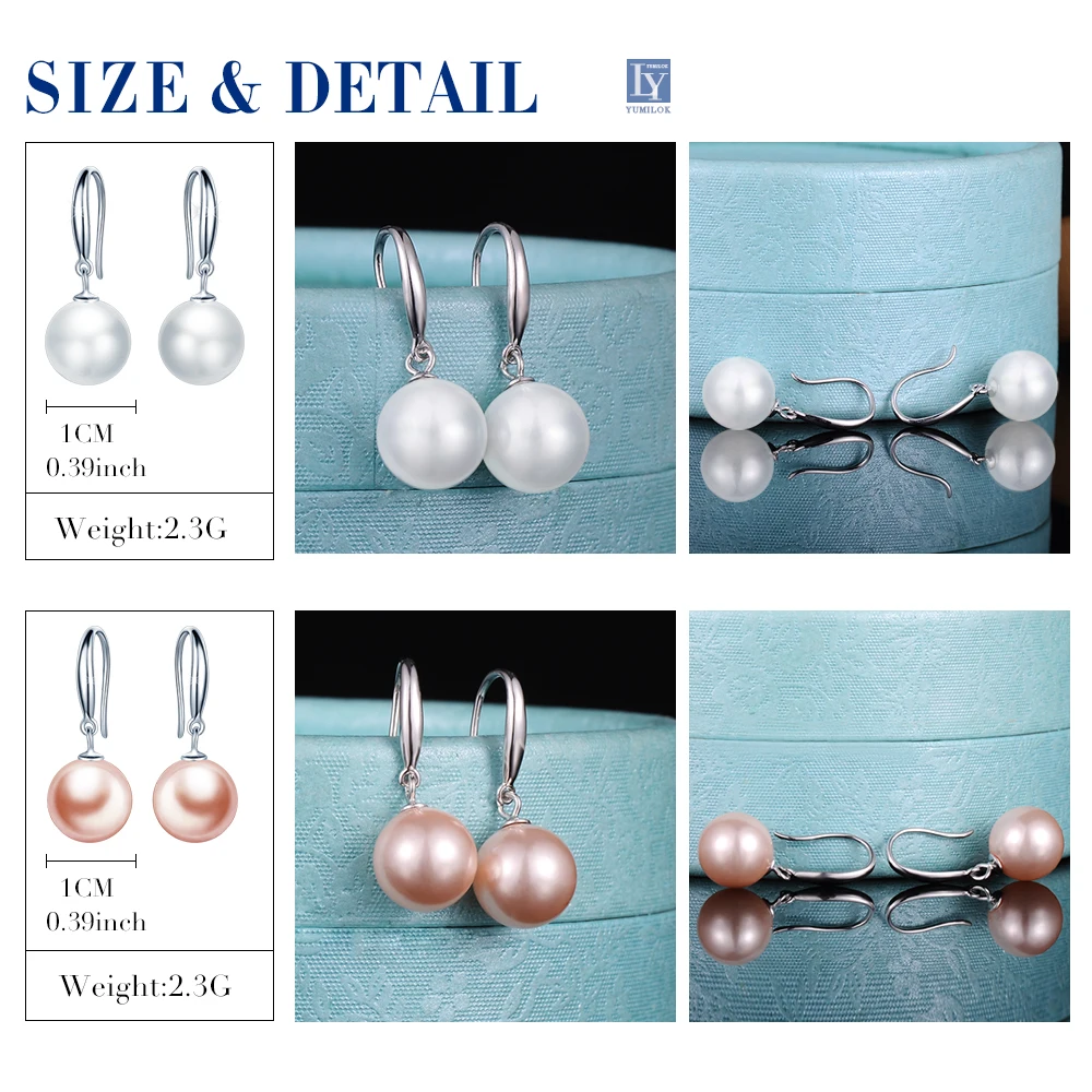 Pink White fine 10mm freshwater pearl Round shellfish Hanging 925 sterling Silver Women Hoop earrings