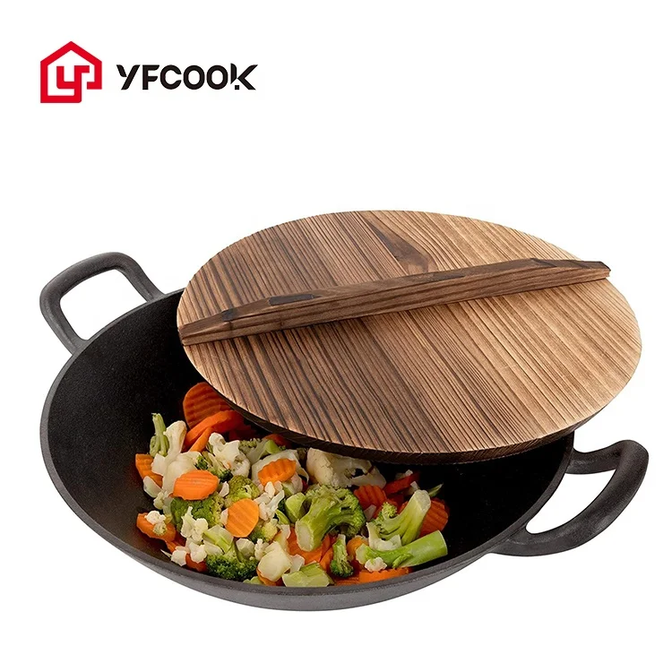 14 inch Cast Iron Wok with Flat Base and Handles