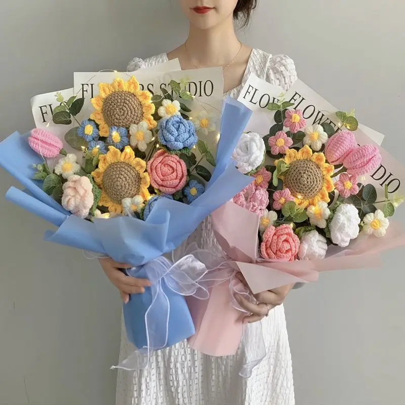 Wedding birthday New creative gifts handmade Knitting Sunflowers wool cotton Crochet Flowers large bouquet