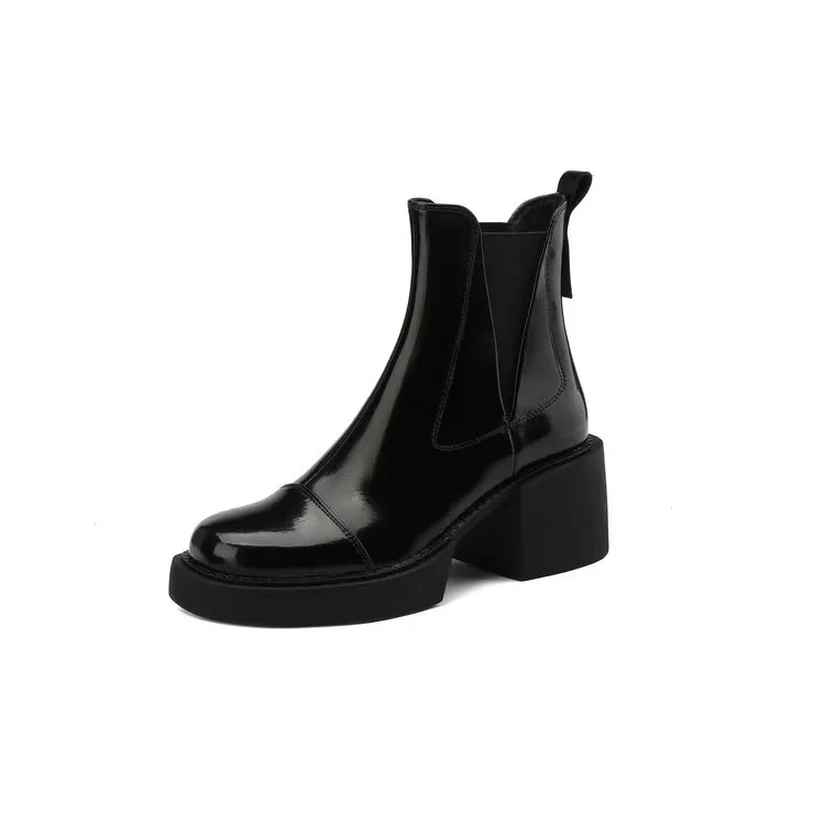 2022 Fall  Round Toe Genuine Leather Block High Heel Women Chelsea Boots Shoes