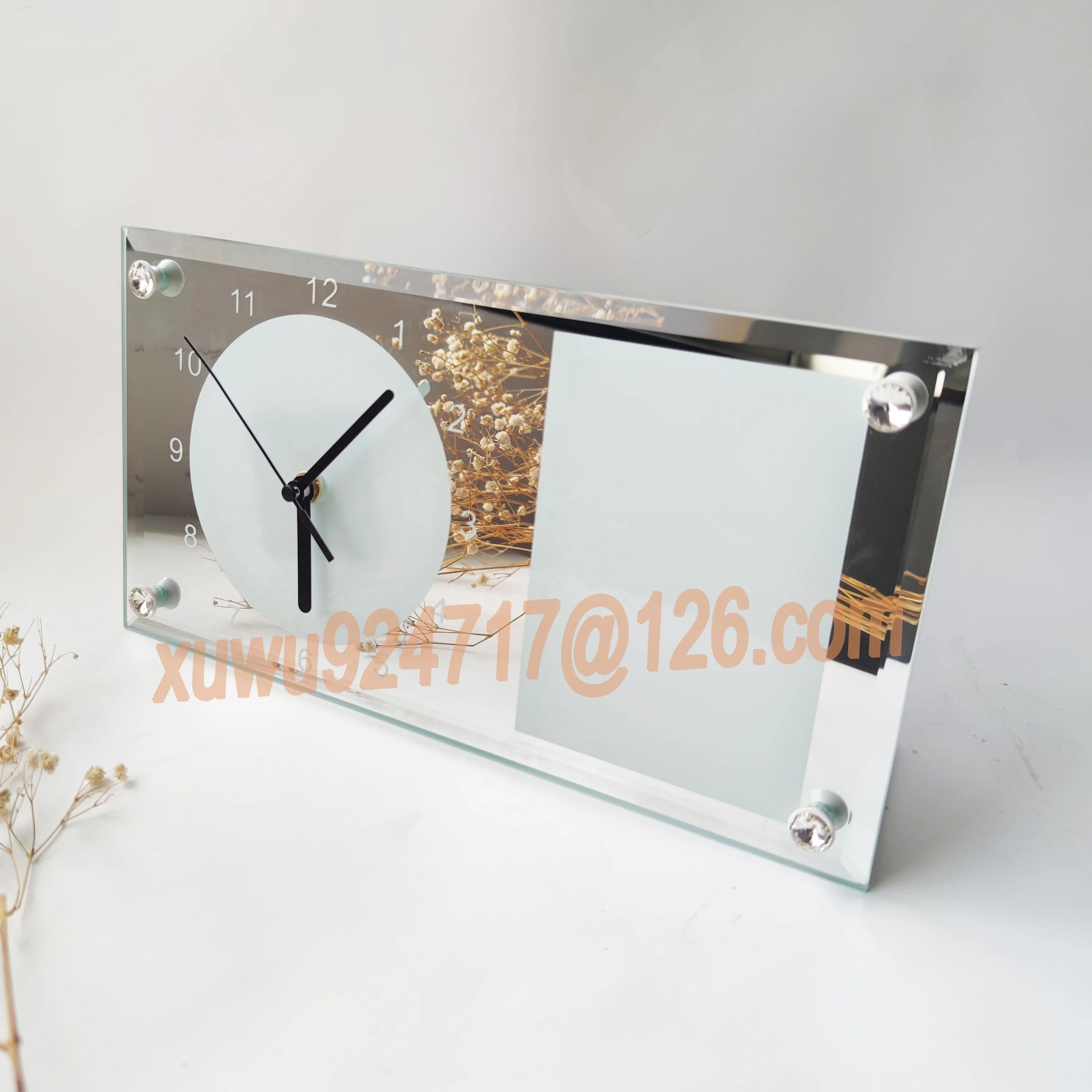 Glass Frame With Clock Souvenir Printable Sublimation Wall Square Glass Clock Photo Frame Mirror Edge Clock