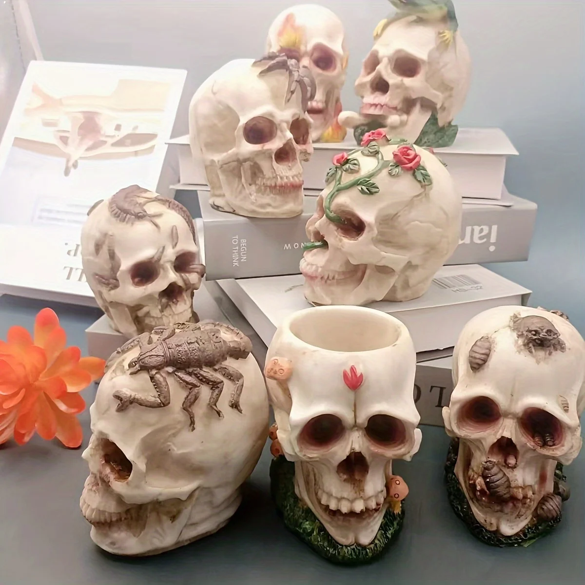 Halloween Decor Resin Skull Head Ornament Skull Series Decoration With Rose Home Decor Sculptures