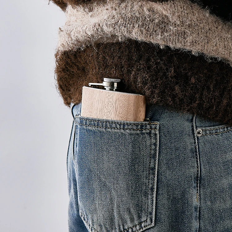 Hot Selling 6oz Wood Grain Leather Stainless Steel Wine Pocket Hip Flask for Party