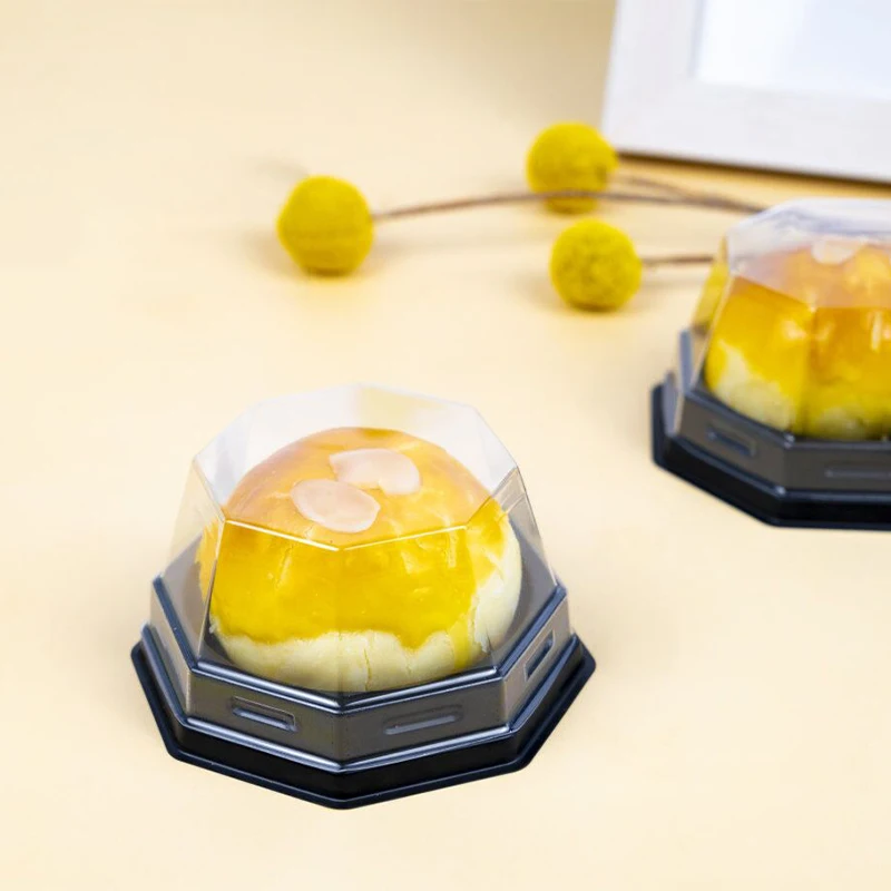 Wholesale Polygon Food Grade Black Plastic Mini Cake Box Packaging Gold for Cookies Muffin Dessert Container For Bakery Pastry