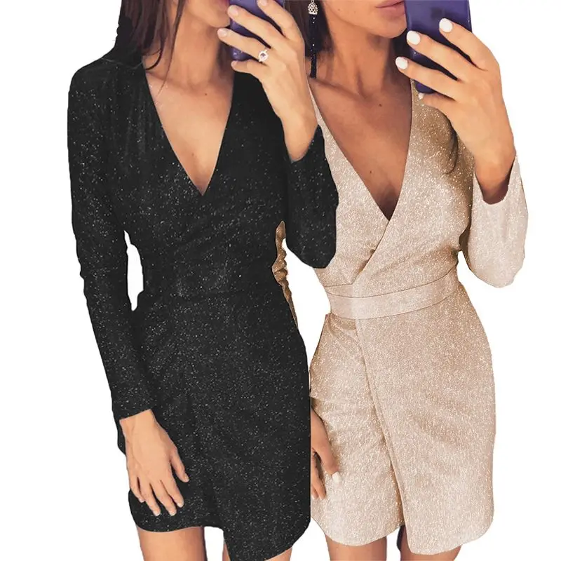 Мини-платье с глубоким V-образным вырезом и длинным рукавом, платья для выпускного вечера 2021, вечерние платья