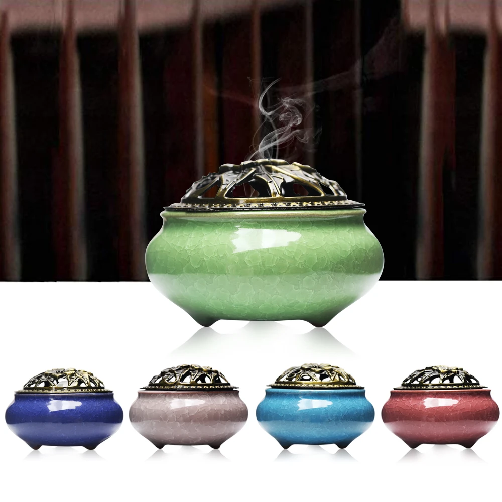 Coil Ceramic Incense Burners With Copper Cover Ceramic Stick Burner Antique Sandalwood Incense Holder Home Zen Room Crafts