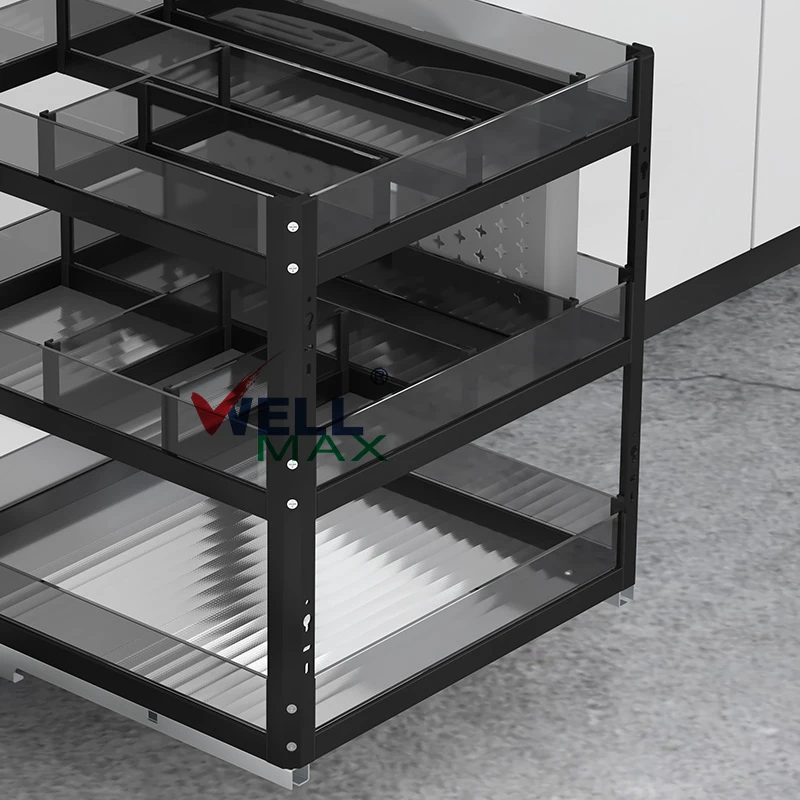 WELLMAX Multifunctional Glass Sliding Spice Drawers Basket Hardware Accessories Pull Out Storage Rack Kitchen Cabinet