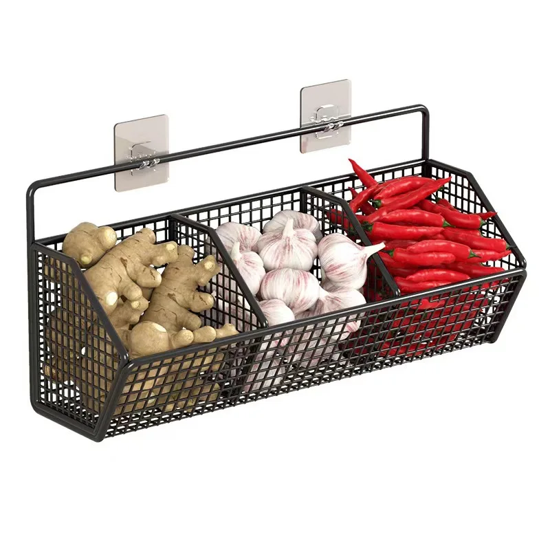 Factory wholesale rack kitchen Metallic iron perforation-free wall mounted vegetable basket drain  handmade storage basket