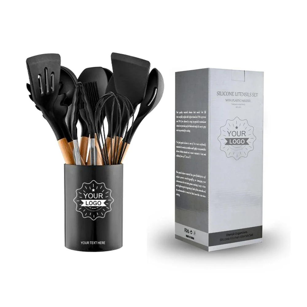 Smartpan Оптовая партия из 12 шт. кухонные аксессуары инструменты для приготовления пищи пищевого силикона кухонная утварь набор барбекю с деревянными ручками