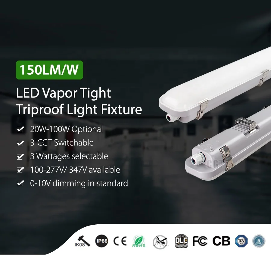 4ft 40W 6000lm Waterproof Shop IP65 Industrial Tri Proof Linear Led Vapor Tight Light Fixture With 5 Years Warranty