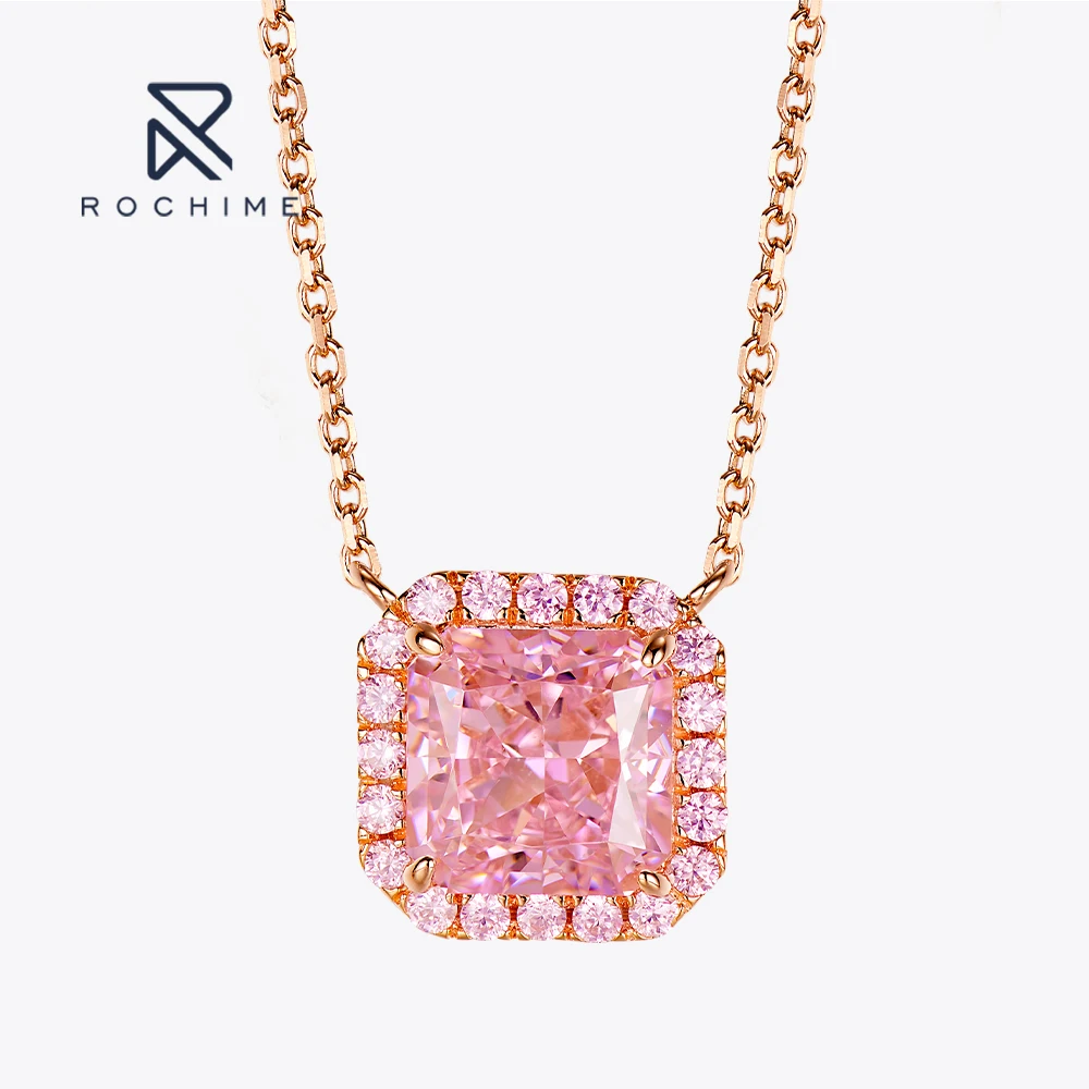 Rochime halo pink gemstone pendant necklace s925 silver rose gold plated 5a zircon jewelry for women
