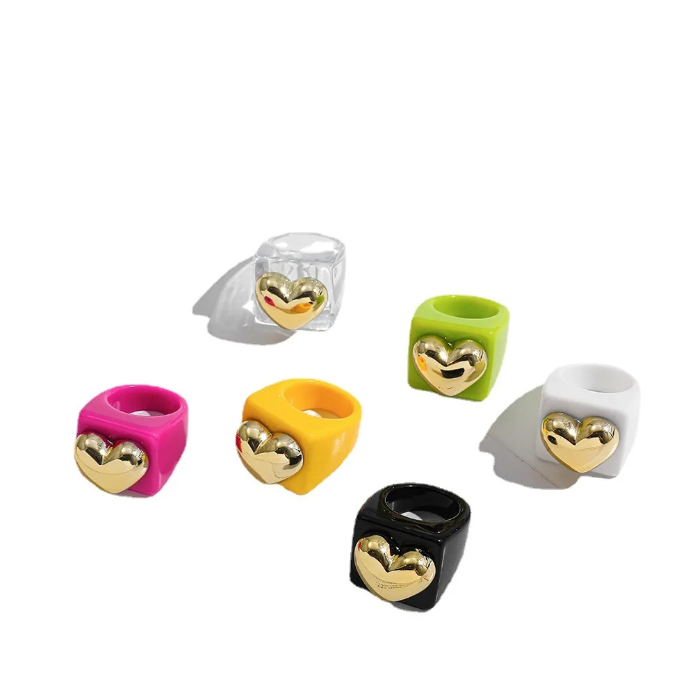 European CCB Heart Charm Finger Ring Fancy Geometrical Chunky Resin Rings for Girl Women Holiday