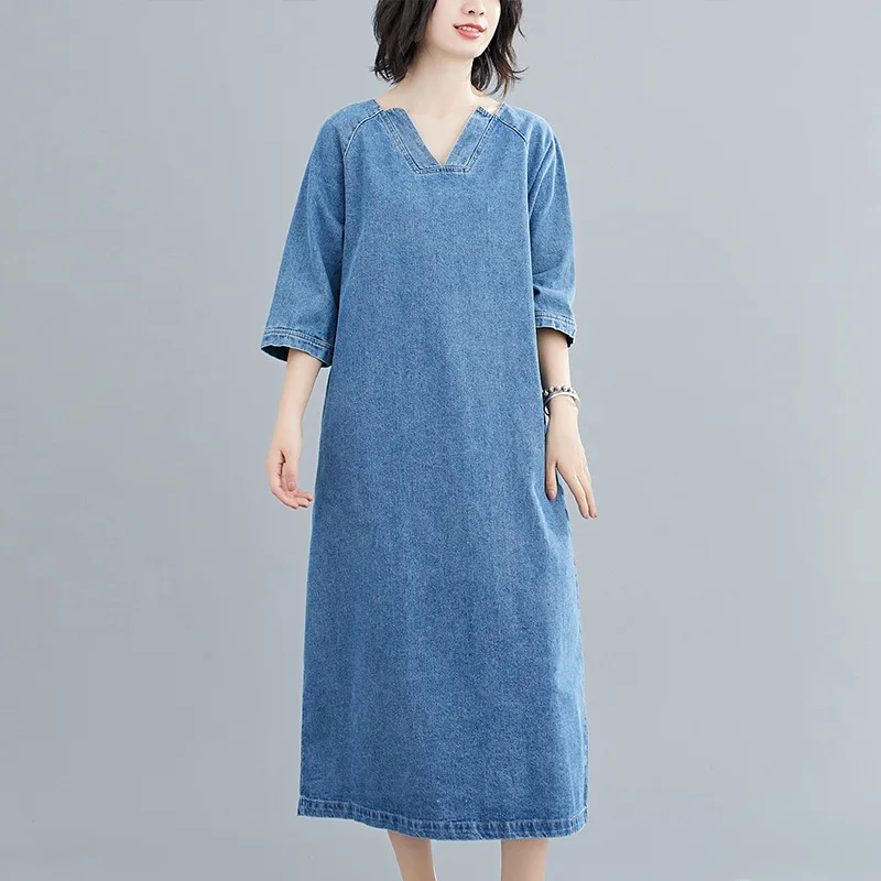 Wholesale Blue A-Line Loose Half Short Sleeve Solid Casual V Neck Fashion Long Cotton Denim Maxi Dress Women Slits With Pockets