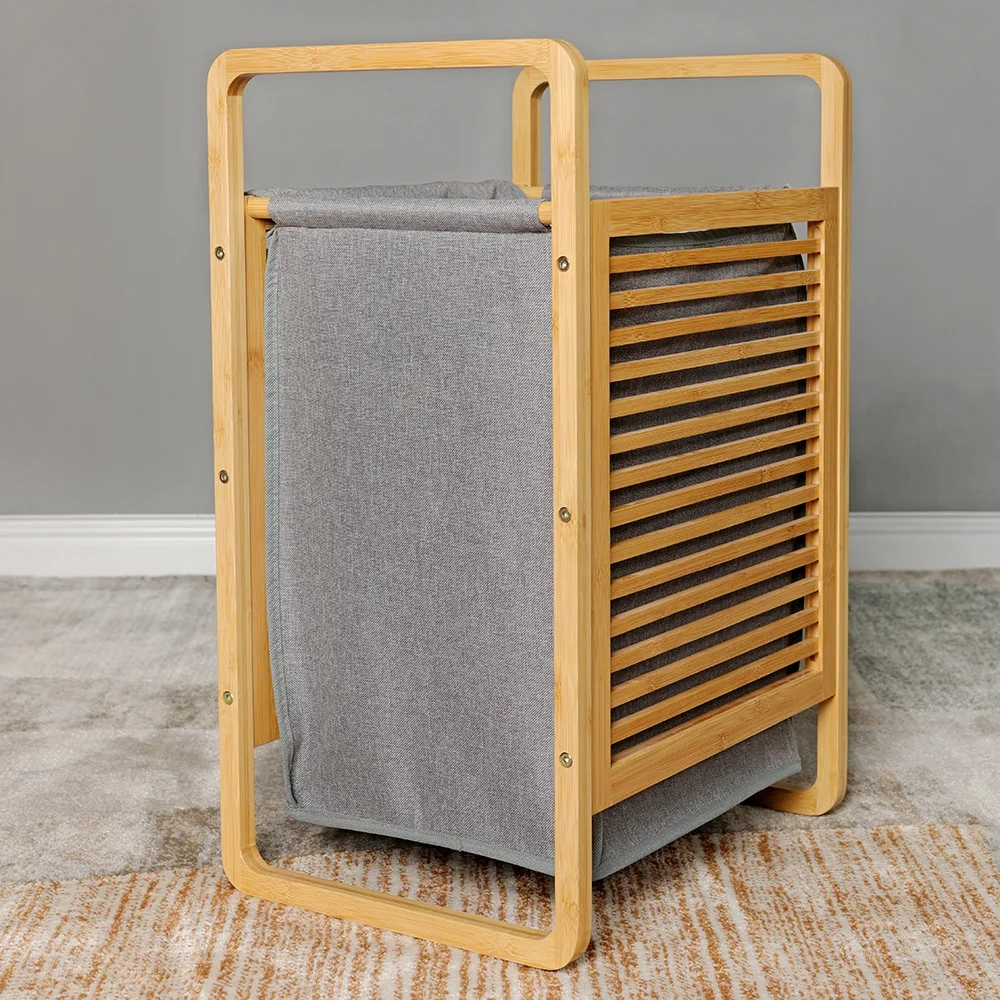 Manufacturer Bathroom Bamboo Wooden Storage Laundry Basket with Lid and Handle