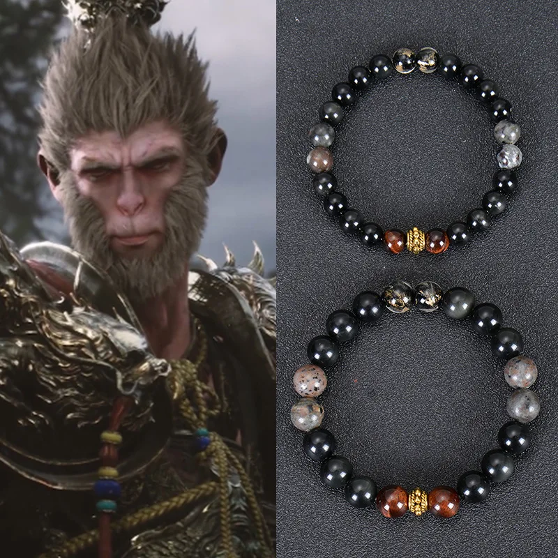 Black Myth Wukong Beaded Bracelet with Obsidian Flame Stone Gold Foil Glass Red Tiger Eye Bracelet Gift