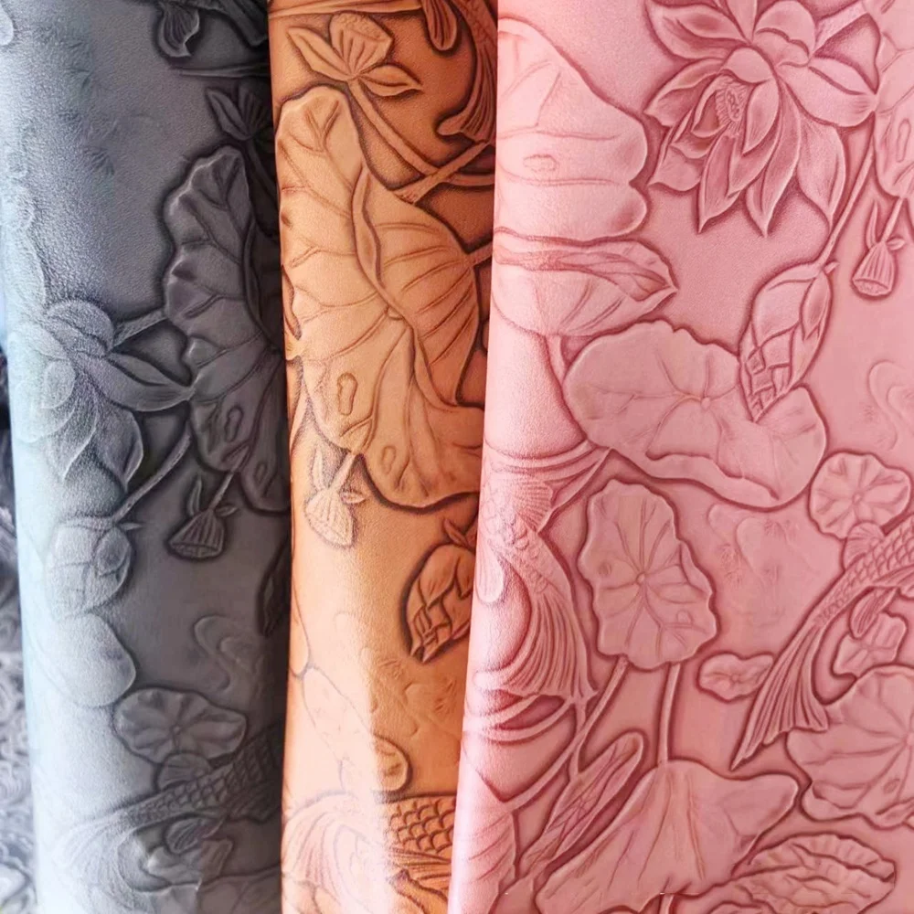 New Design 3D Engraved Koi Lotus Flower Fish Pattern Embossed Faux Vinyl PVC Leather Fabric For Bags Shoes Upholstery