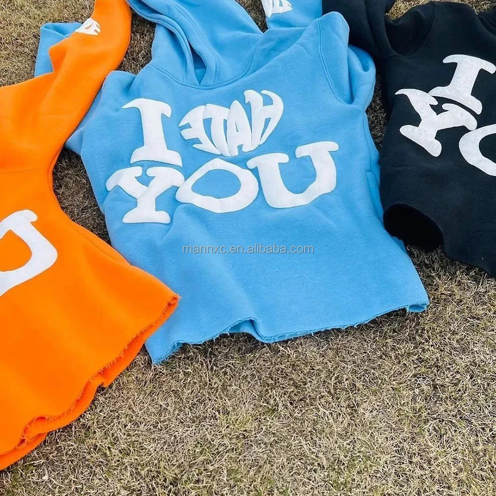 Oem 400gsm 450 Gsm Hoodie No String Pocket Crop Top Raw Hem Cut and Sew off Edge Custom 3D Foam Men Letter Puff Printing Hoodie