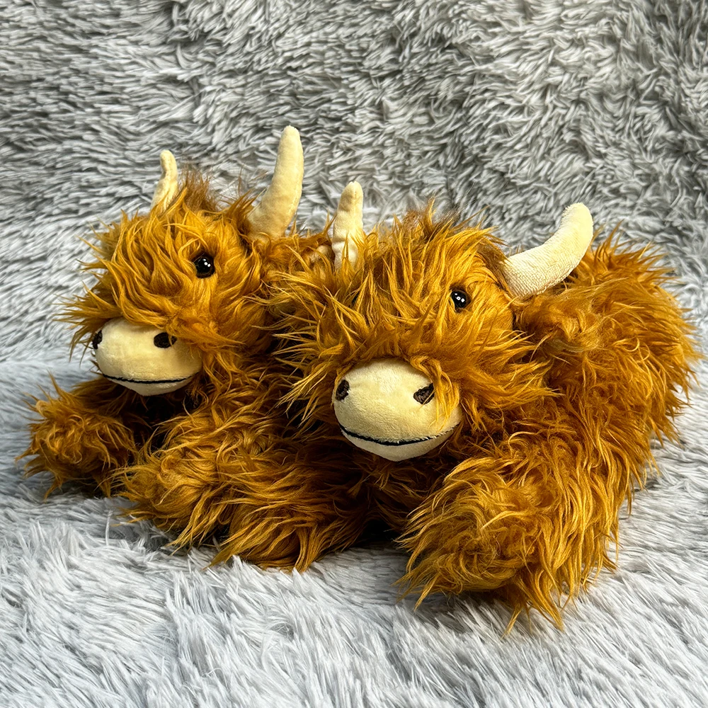 2024 Ned Indoor Highland Cow Plush Slippers Toy Animal Slippers Brown Custom Design Indoor Shoes