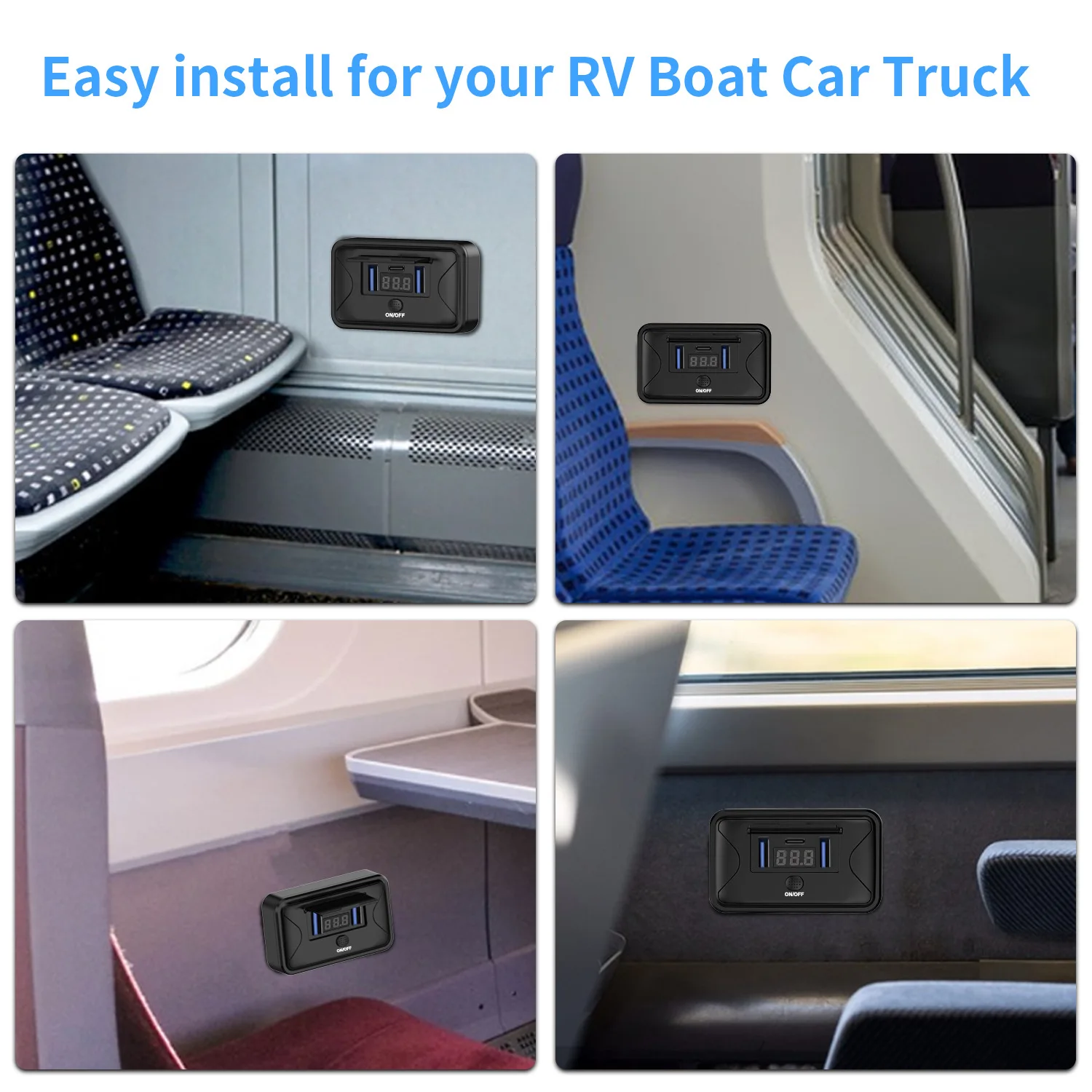 12V-24V RV USB Power Outlet 72W PD3.0 USB C 36W & Dual QC3.0 18W 3-Ports Car Charger Socket Accessories for Car Bus RV Truck