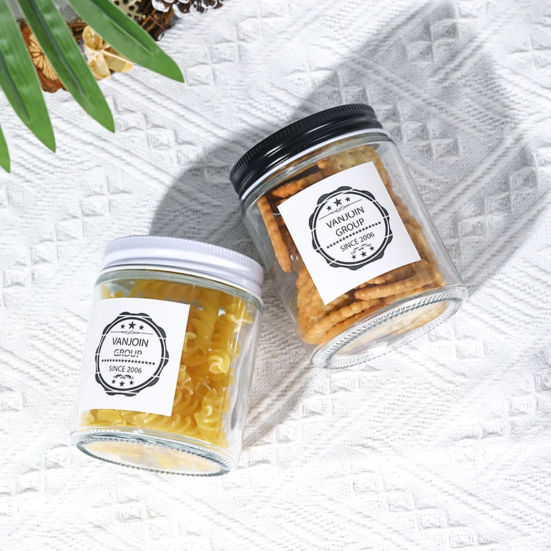 9 ounce Straight sided clear food safe glass jar peanut butter jar with black lid