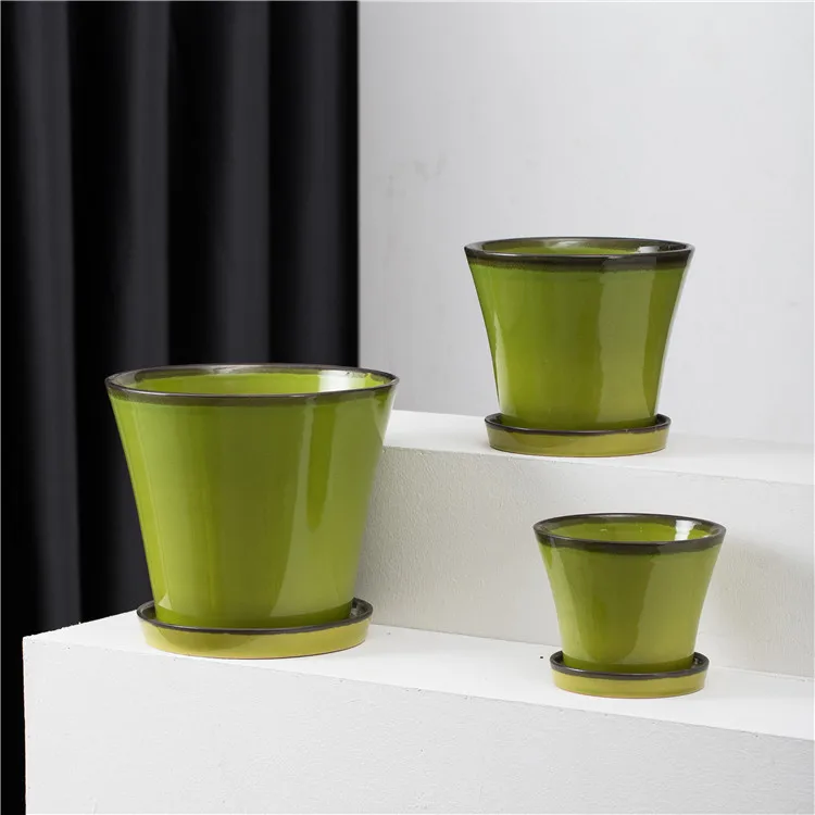 Factory promotional decorative garden green glazed ceramic flower pot planters for plant