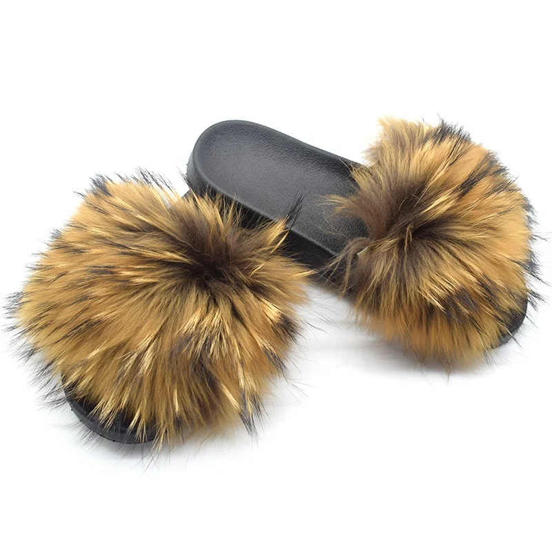 Прямая поставка, пушистые тапочки, пушистые сланцы из натурального меха енота, лисы для женщин
