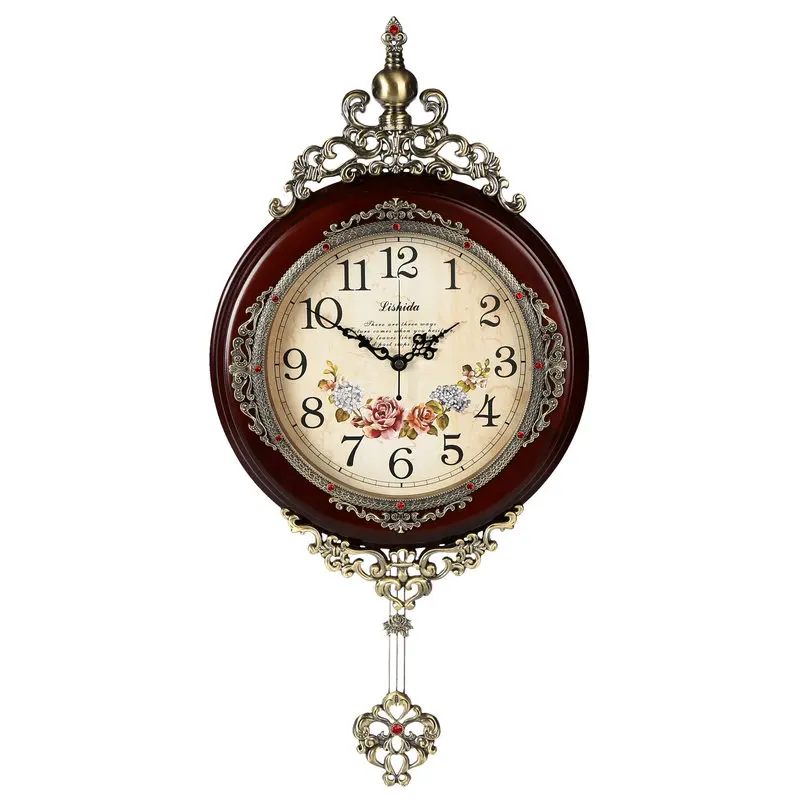 14 inch round solid wood wall decoration European home custom quartz lock home antique wood digital silent wall clock