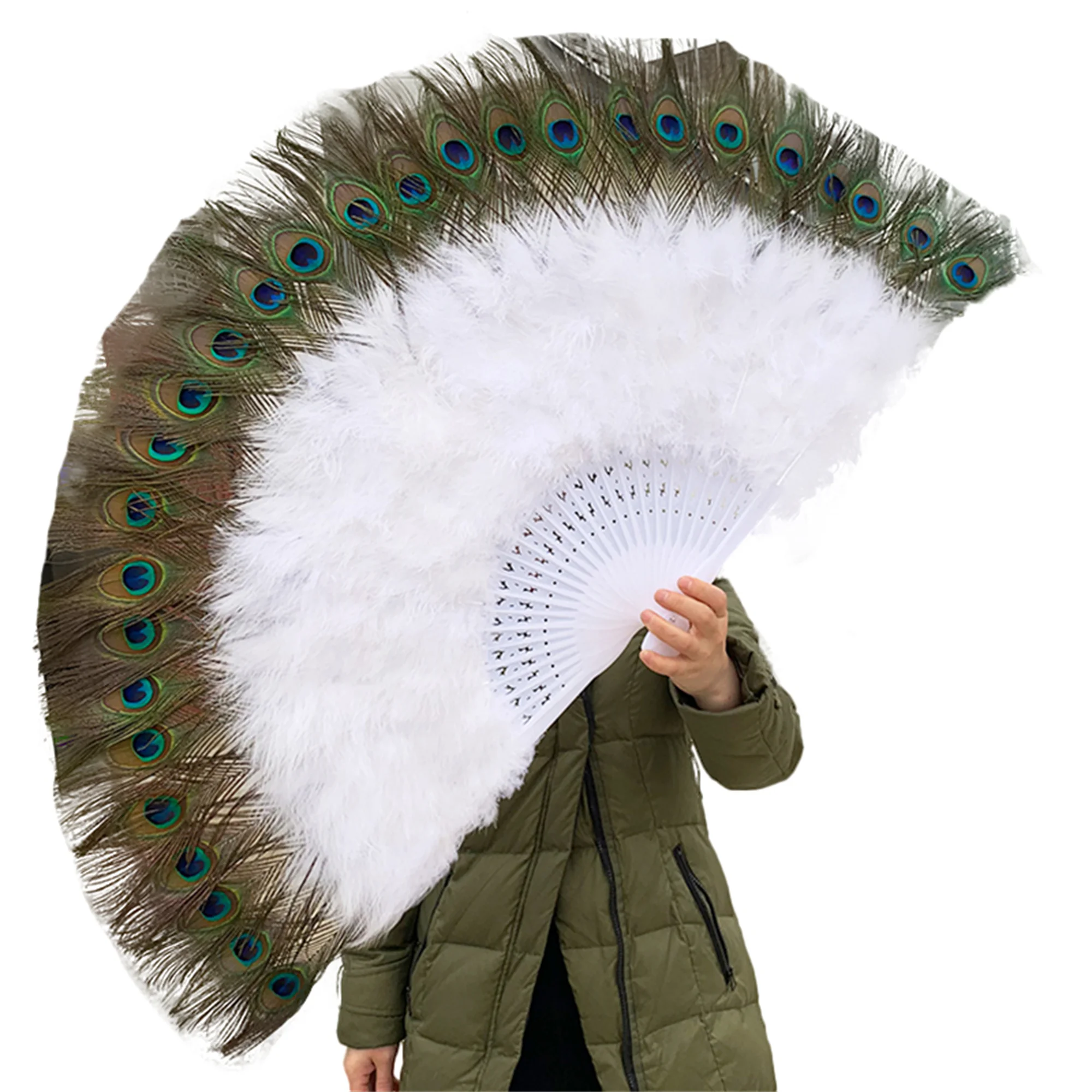 100*55cm Oversized Hole Tail Feather Fan White Peacock Feather Fans For Wall Decoration Fans