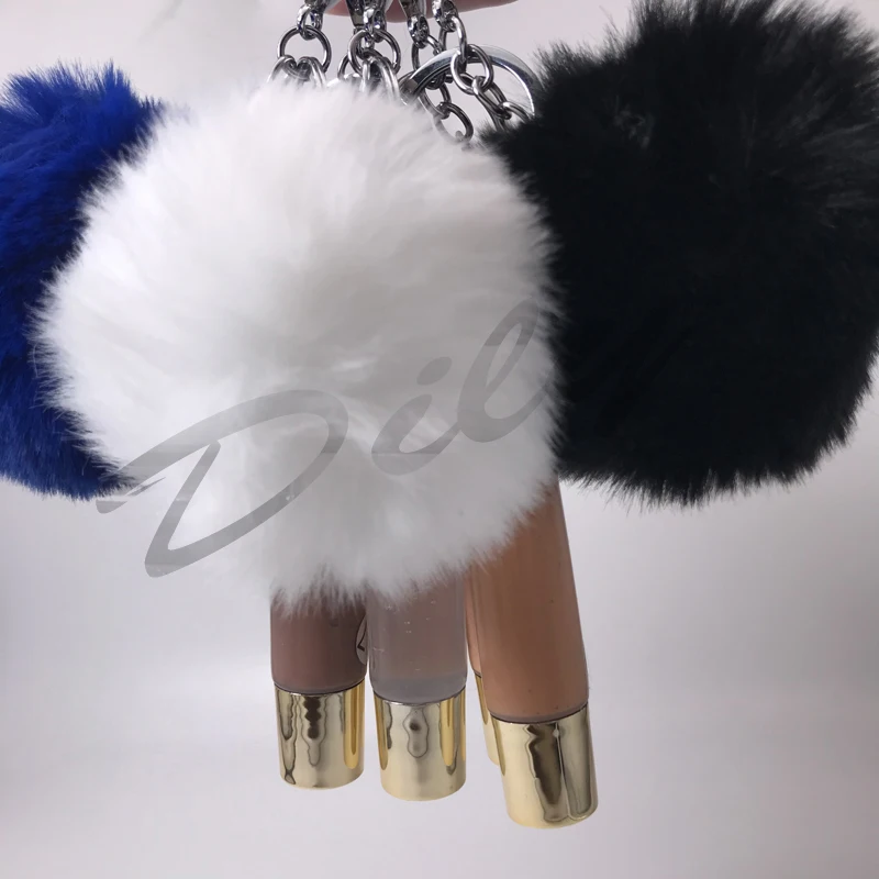 2021 Custom logo Mini Fuzzy Ball clear Lip Gloss Keychain Vendors